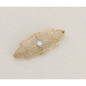 14k Yellow Gold Antique Art Deco Filigree Cubic Zirconia Pin Brooch